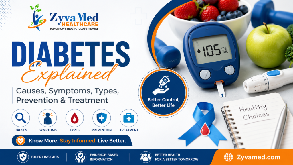 Diabetes Explained – Causes, Symptoms, Types, Prevention and Treatment Guide by ZyvaMed Healthcare