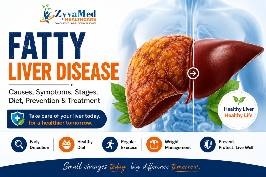 Fatty Liver Disease infographic showing fatty liver vs healthy liver, causes, symptoms, diet, prevention, and treatment guide by ZyvaMed Healthcare.