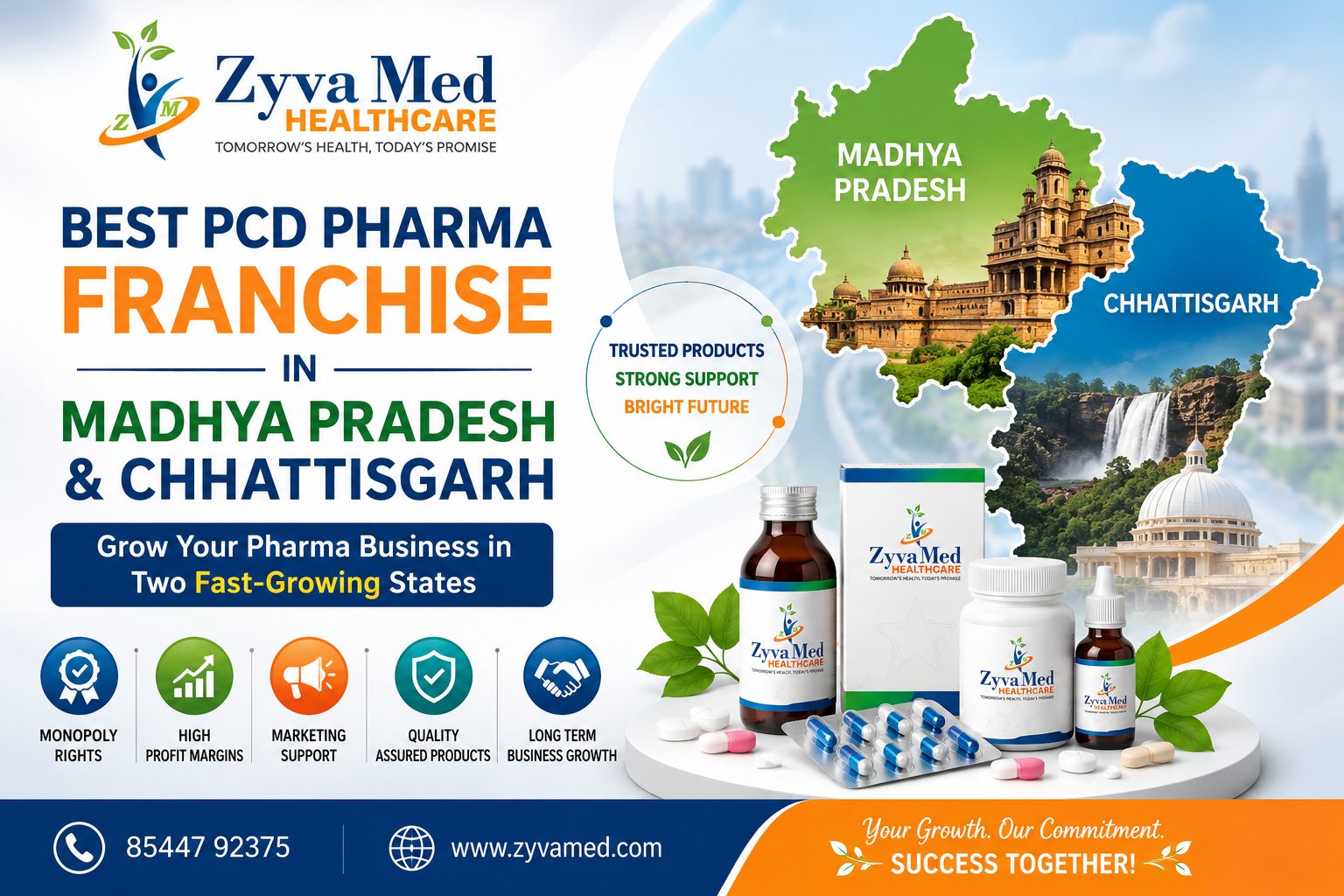 ZyvaMed Healthcare offering PCD Pharma Franchise opportunities in Madhya Pradesh and Chhattisgarh with monopoly rights and quality pharma products
